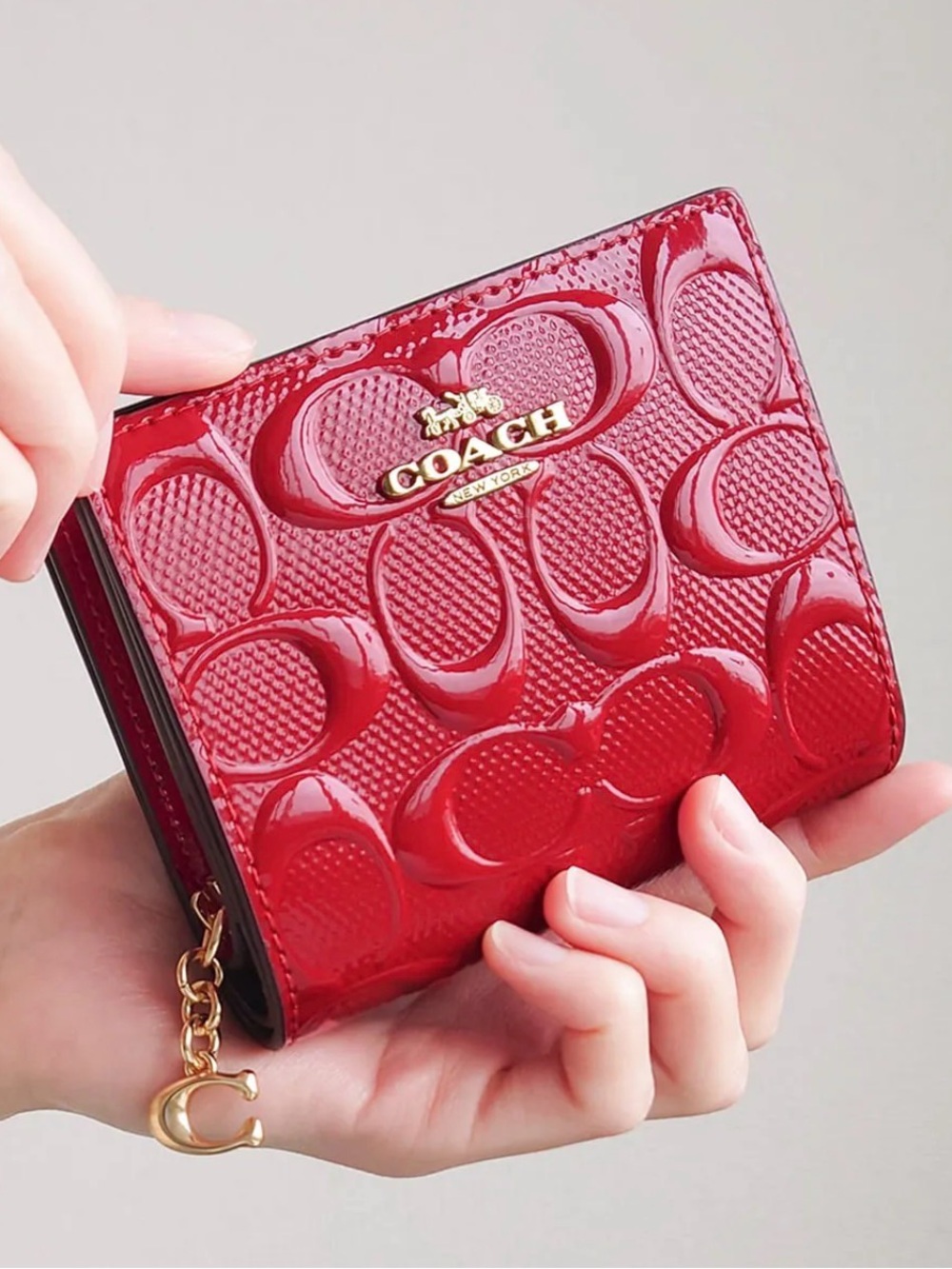 Red patent leather Coach Snap Wallet in Signature Leather